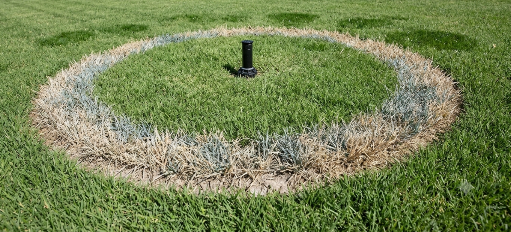 Donut-shaped dry spot surrounding a sprinkler head on a sports field