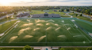 Aerial view of a full-size soccer field with pop-up sprinkler heads irrigating in circular coverage patterns during early morning.