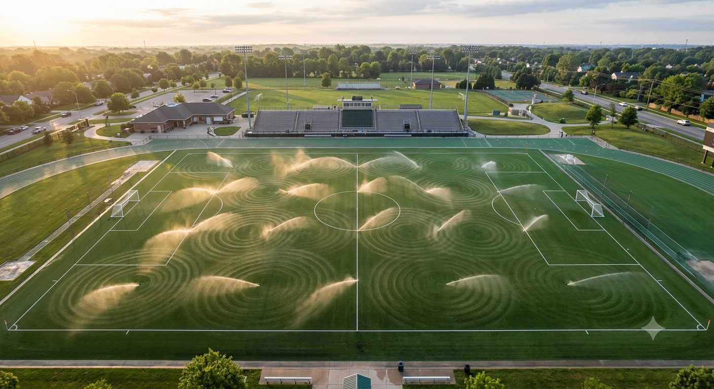Aerial view of a full-size soccer field with pop-up sprinkler heads irrigating in circular coverage patterns during early morning.