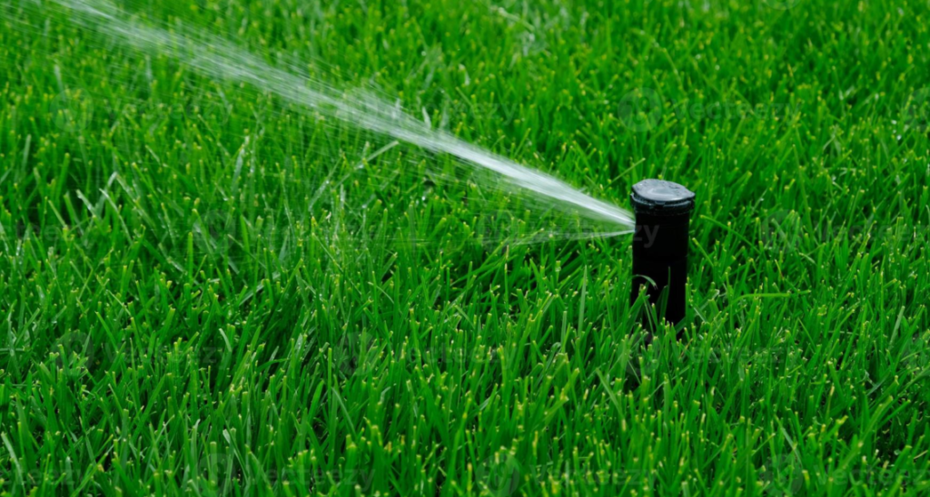 Pop-up rotor sprinkler head actively irrigating a natural grass soccer field at dawn, with water arching across the green turf in soft morning light.