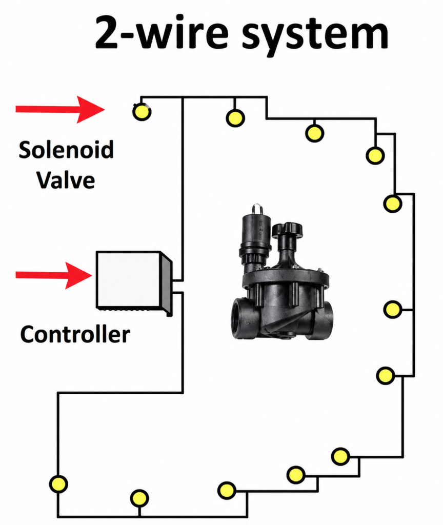 Simplified schematic of a 2-wire decoder irrigation system showing controller-to-valve communication for sports turf irrigation management