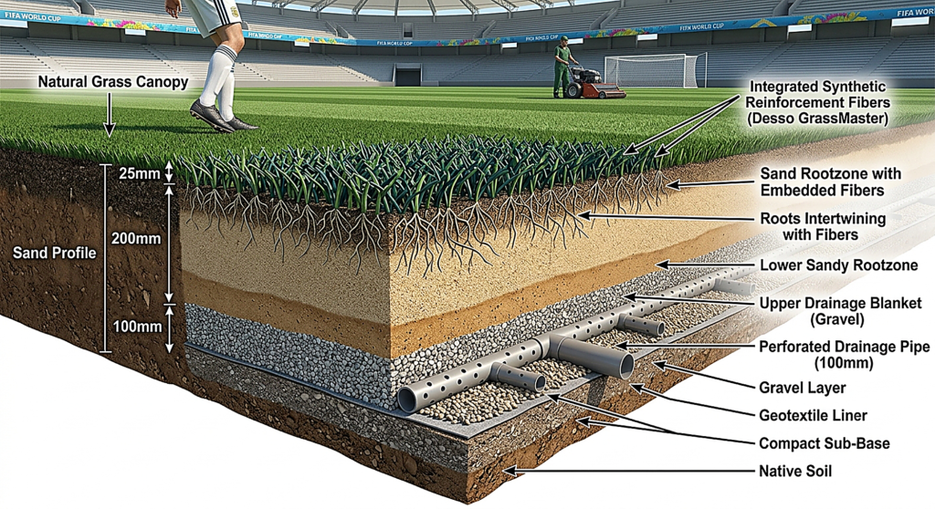 Cross-section of a hybrid turf soccer field showing natural grass, synthetic reinforcement fibers, and engineered rootzone layers.