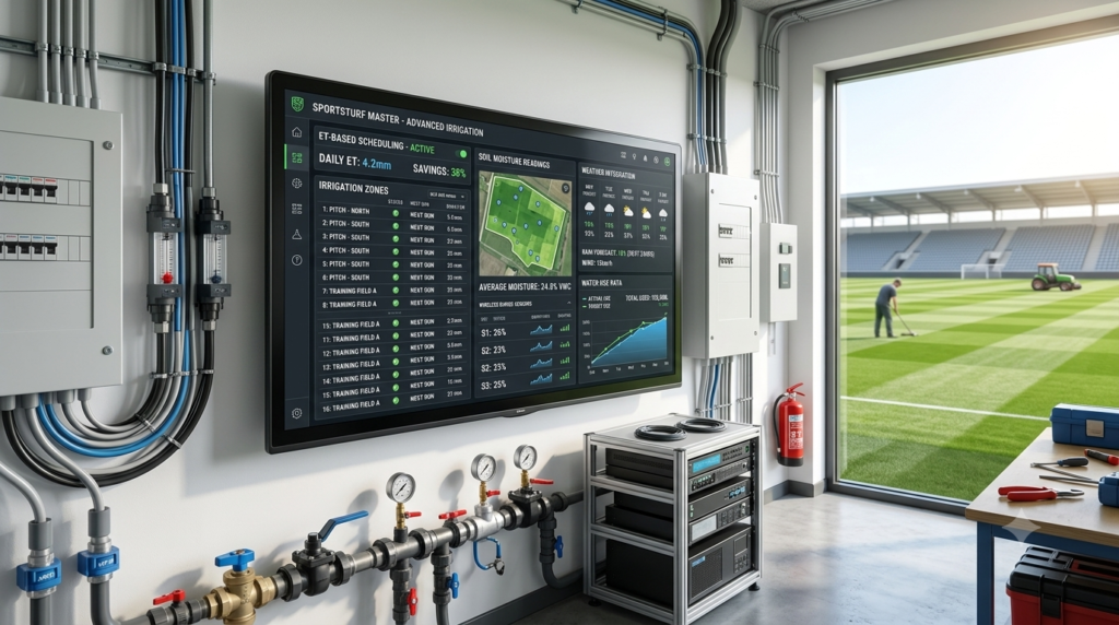 Commercial smart irrigation controller with ET-based scheduling program displayed on screen, installed at a professional athletic facility