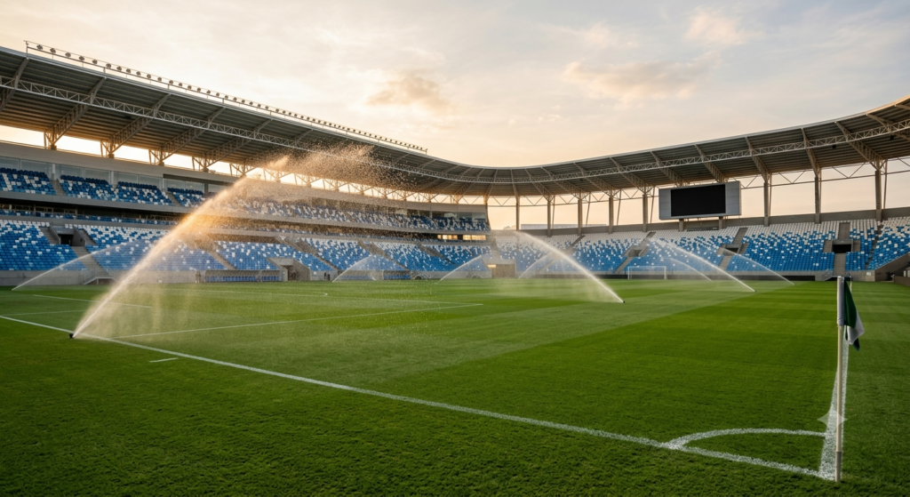 Professional rotor sprinklers irrigating a natural grass soccer field inside a stadium, demonstrating a complete soccer field irrigation system designed for uniform water distribution.
