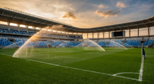 Automated rotor sprinklers irrigating a natural grass soccer field inside a FIFA World Cup 2026 stadium during an early morning irrigation cycle.