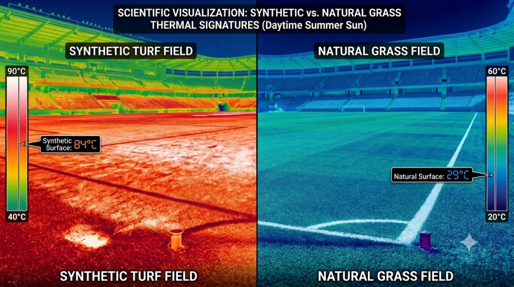 Infrared thermal image comparing high surface temperatures on synthetic turf with cooler natural grass under identical weather conditions.