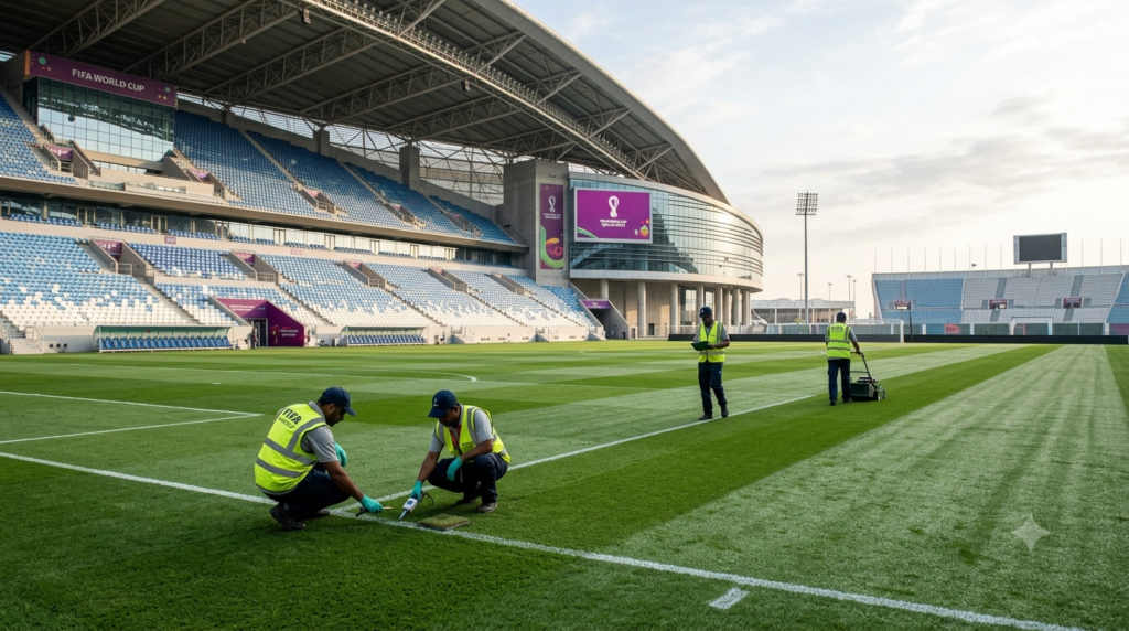 Sports turf professionals inspecting a natural grass soccer field before match day using turf quality monitoring equipment in a professional stadium.
