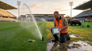Professional groundskeeper inspecting a high-performance sports turf irrigation system on a natural grass soccer field with rotor sprinklers operating at sunrise.