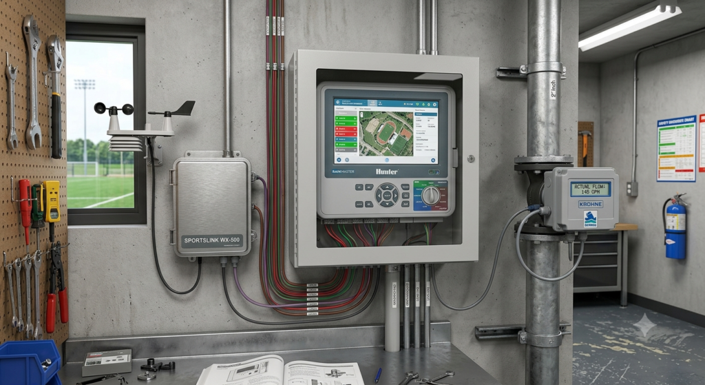 Commercial smart irrigation controller using weather-based scheduling and flow monitoring to manage irrigation on a professional soccer field.