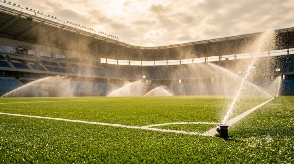 Pop-up sprinkler heads cooling a synthetic soccer field before player warm-ups on a hot summer day.
