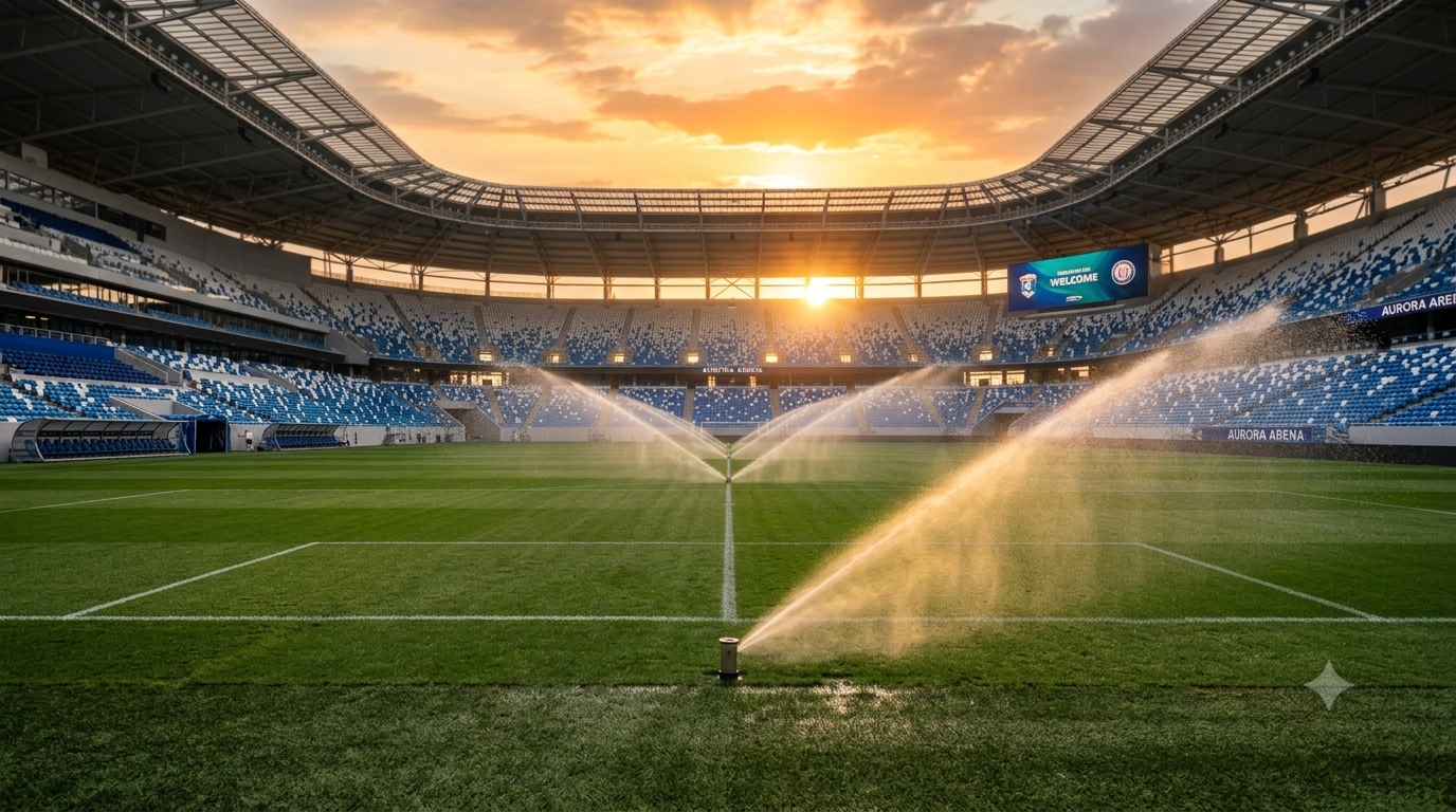 Professional natural grass soccer field irrigated by high-performance pop-up rotors during early morning operation.