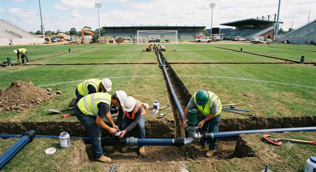 Professional installation of a complete irrigation system with underground piping and pop-up rotor sprinklers on a FIFA-size natural grass soccer field.