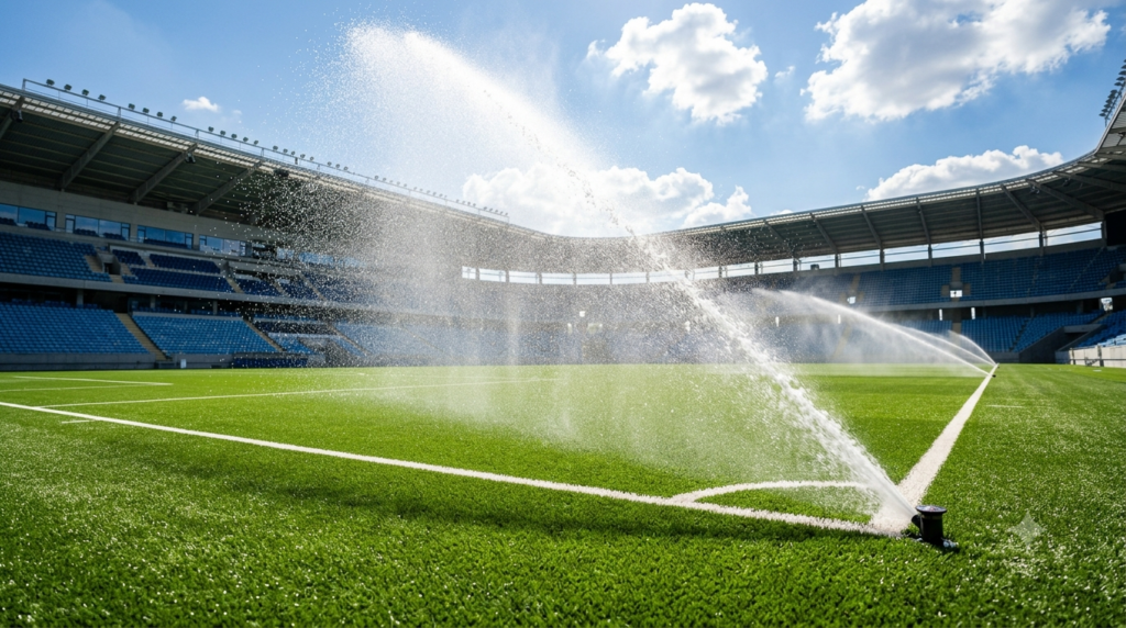 Professional groundskeeper irrigating a synthetic soccer field before kickoff to reduce surface temperature and improve athlete safety.