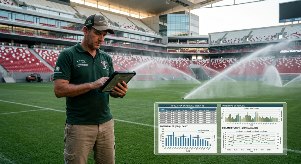 Sports turf manager using irrigation software to improve water management and scheduling decisions.