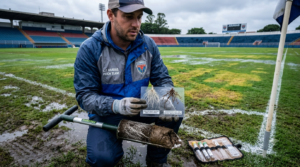 Groundskeeper inspecting shallow turfgrass roots and wet soil conditions on a sports field.