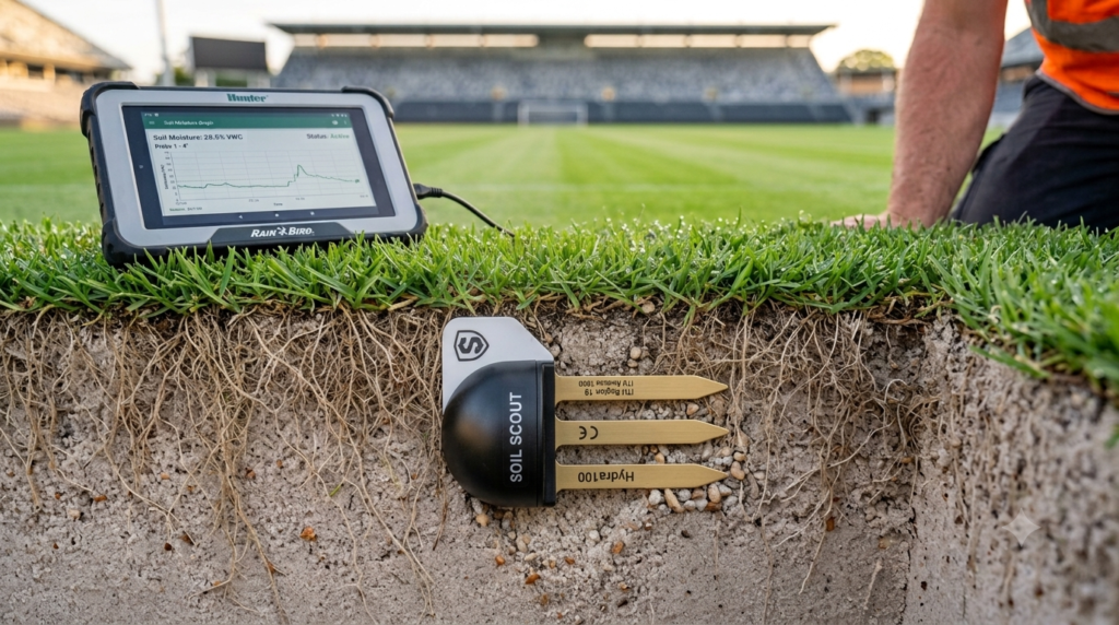 Groundskeeper installing a wireless soil moisture sensor in the rootzone of a sand-based soccer field, with a handheld digital monitor displaying real-time volumetric water content.