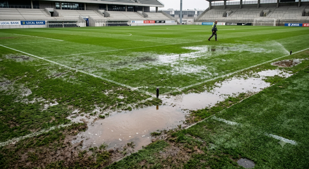 Standing water on a sports field caused by overwatering and poor irrigation scheduling practices.