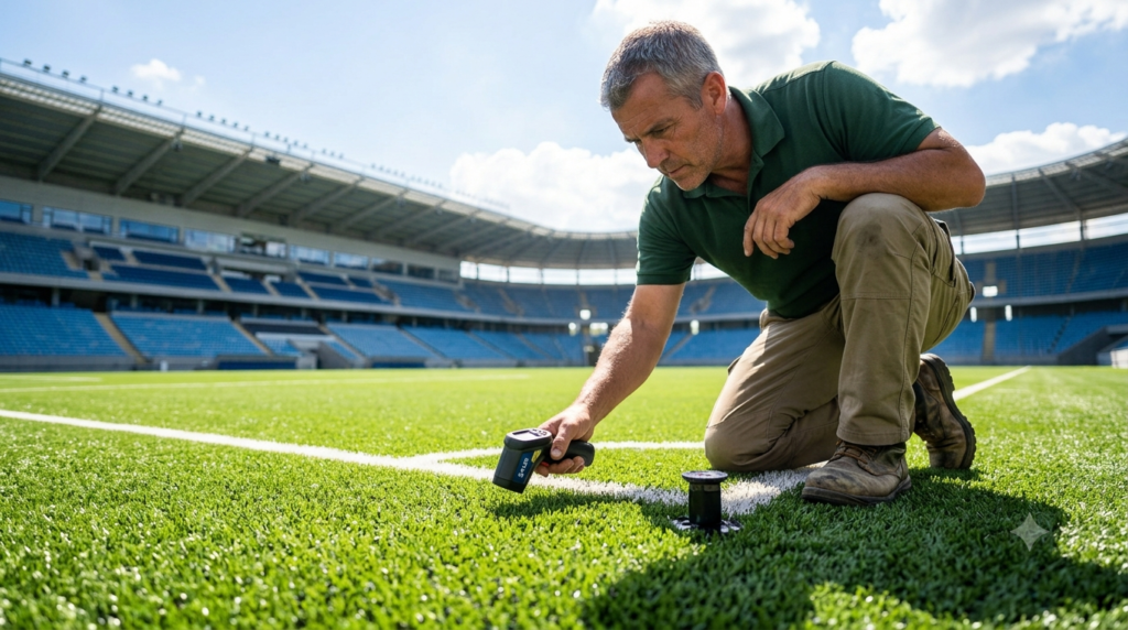 Groundskeeper measuring synthetic turf surface temperature using a handheld infrared thermometer before activating irrigation.