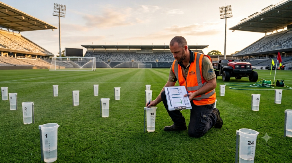 Groundskeeper performing a catch-can irrigation audit on a natural grass soccer field, measuring precipitation output from rotor sprinkler heads