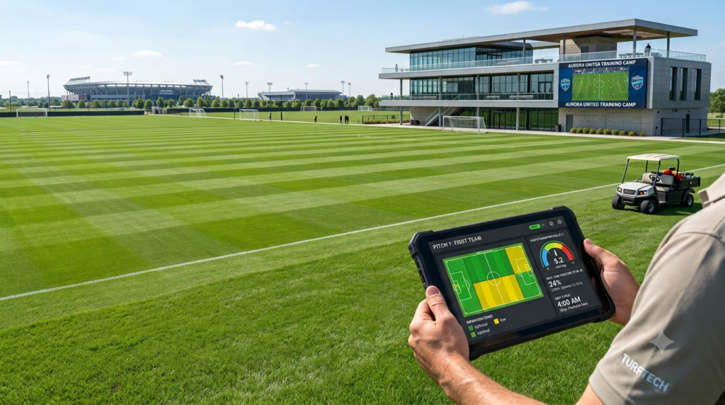 Weather station and soil moisture sensor installed beside a professional soccer field for irrigation management.