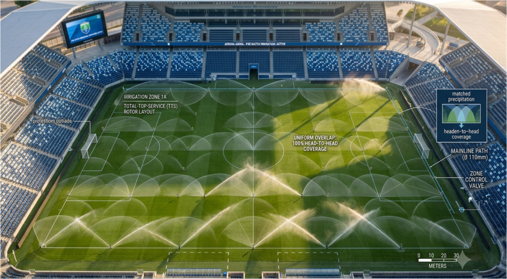 Soccer field irrigation layout showing overlapping sprinkler coverage designed for maximum distribution uniformity.