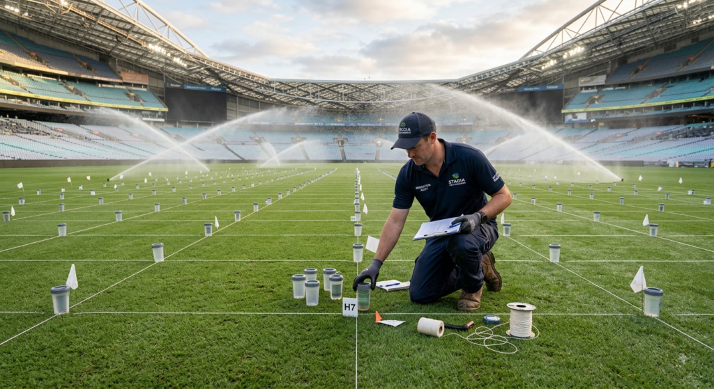 Sports turf manager performing a catch-can irrigation audit to evaluate Distribution Uniformity on a professional soccer field.