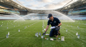 Sports turf manager performing a catch-can irrigation audit to evaluate Distribution Uniformity on a professional soccer field.