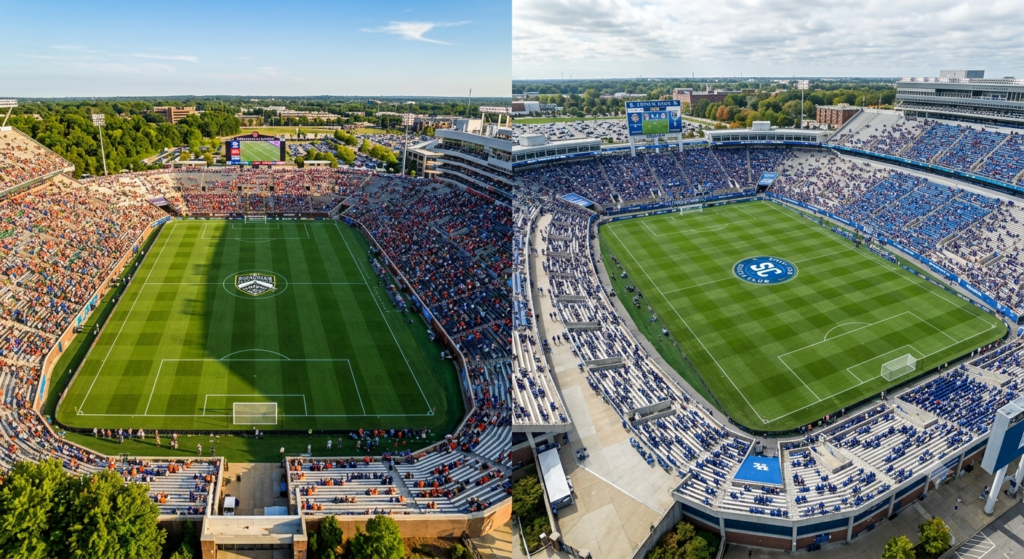 Aerial comparison of Bermudagrass and Kentucky bluegrass athletic fields showing healthy turf adapted to different climate zones.