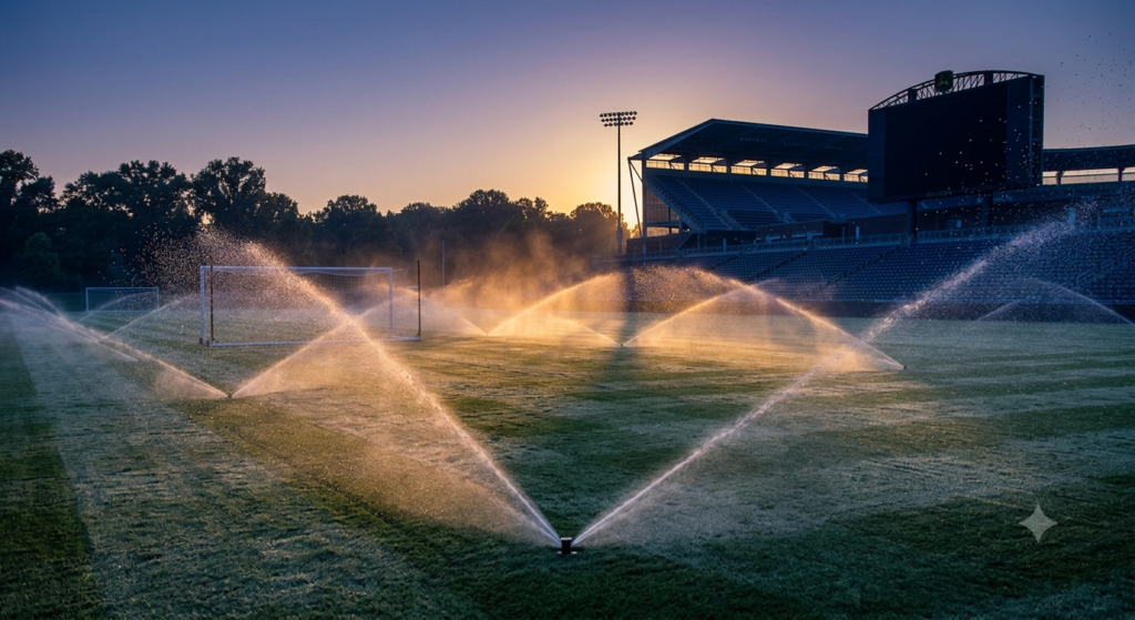 Professional soccer field being irrigated before sunrise to maximize irrigation efficiency and reduce turf disease risk.