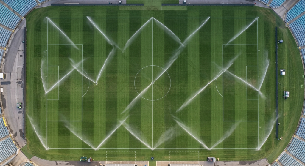 Overlapping sprinkler patterns showing irrigation distribution uniformity across a professional natural grass soccer field.