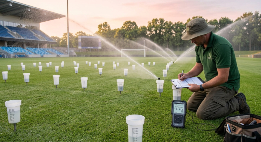 Groundskeeper performing a catch-can irrigation audit to evaluate sprinkler distribution uniformity on a professional soccer field.