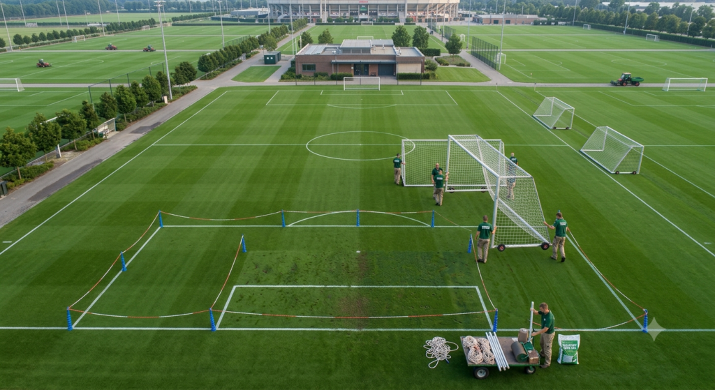 Grounds crew rotating portable soccer goals to distribute traffic and protect high-wear areas on a natural grass sports field.