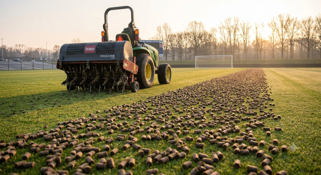 Core aeration being performed on a natural grass athletic field to relieve soil compaction and improve root growth.