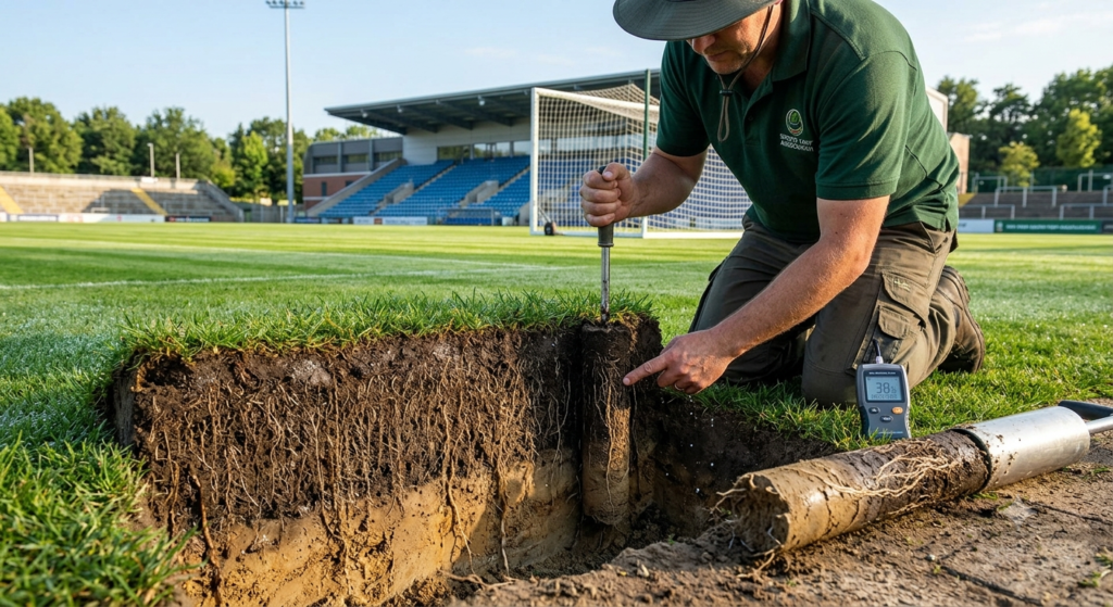 Groundskeeper inspecting deep root growth after proper irrigation on a natural grass athletic field.