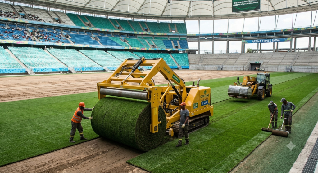 Large-format Ready-to-Play Bermudagrass sod rolls being installed on a professional soccer stadium field using specialized equipment.
