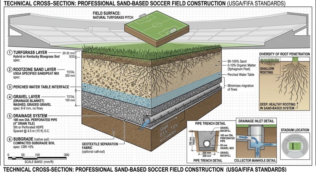 Cross-section of a sand-based soccer field rootzone showing turfgrass, sand profile, gravel drainage layer, and subsurface drainage pipes