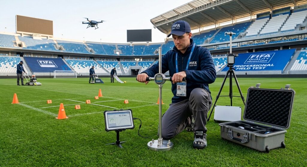 Technician measuring rotational resistance on a professional natural grass soccer field to evaluate surface performance