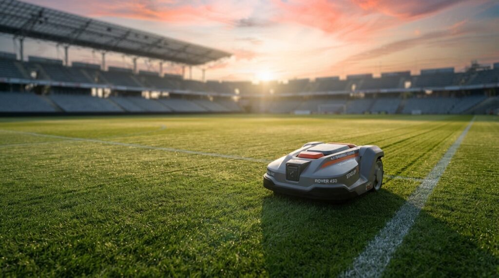 Robotic turf mower cutting a soccer field at sunrise