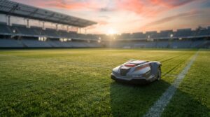 Robotic turf mower cutting a soccer field at sunrise