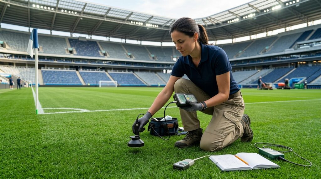 Sports turf professional measuring PPFD at the canopy of a natural grass soccer field