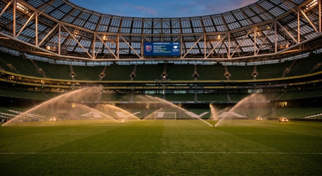 Pop-up sprinkler heads irrigating a professional soccer pitch minutes before kickoff, with players warming up in the background