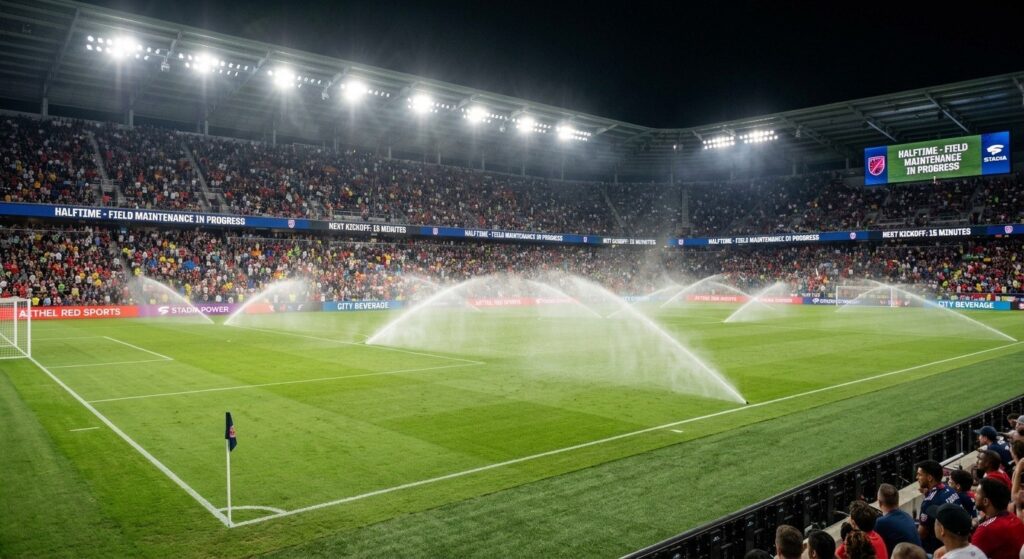 Groundskeepers watering a soccer field during halftime break, with stadium lights illuminating the empty pitch