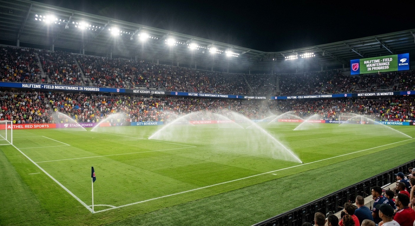 Groundskeepers watering a soccer field during halftime break, with stadium lights illuminating the empty pitch