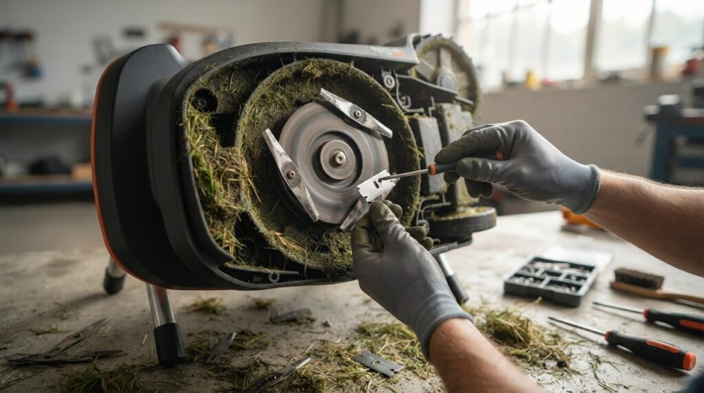 Technician replacing blades on a robotic turf mower