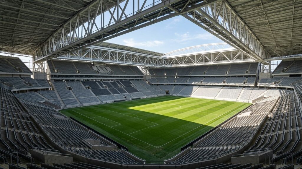 Modern soccer stadium architecture casting shadows across the natural grass playing surface.